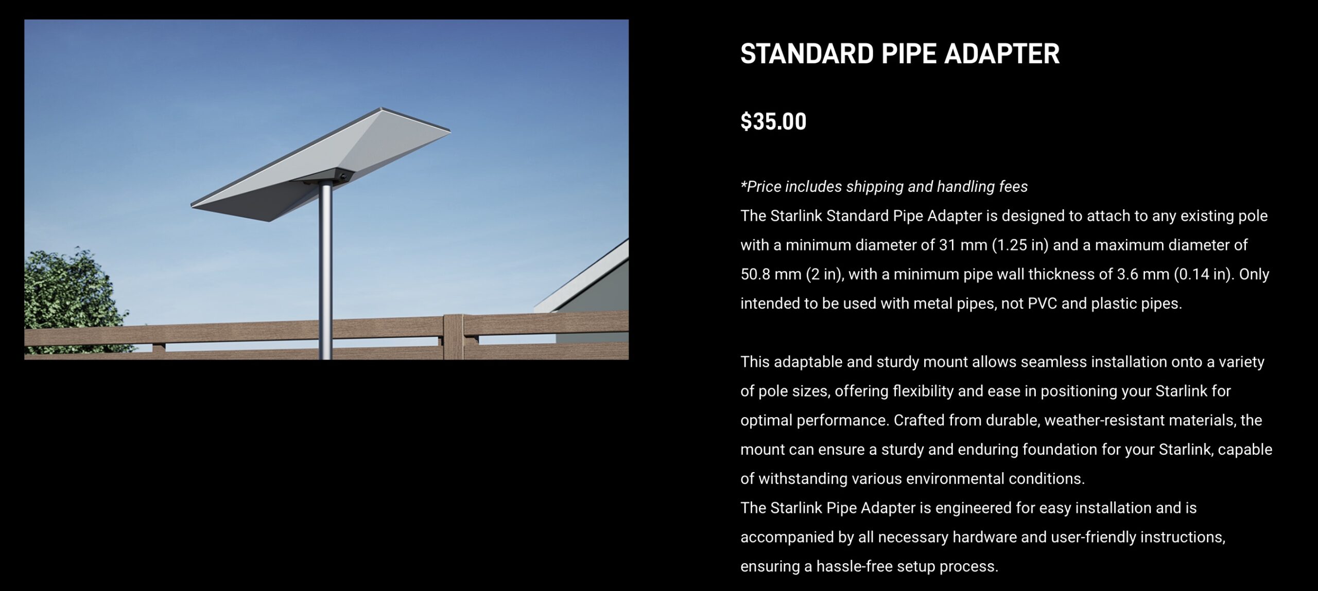 Starlink Standard Pipe Adapter product page